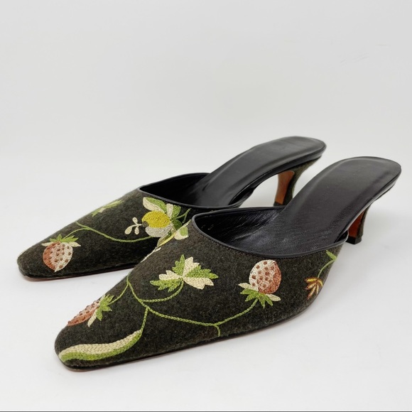 Vintage Shoes - Chelsea Textiles Wild Strawberry Artisinal Embroidered Kitten Heel Mules Size 8